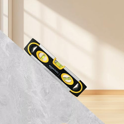 Amazon Basics 9-Inch Magnetic Torpedo Level and Ruler, 180/90/45 Degree Bubbles, Black