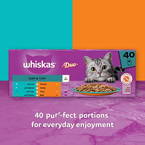 WHISKAS - 1+- Adult Wet Cat Food Pouches - 40 x 85 g - Surf and Turf in Jelly - Bulk Cat Food Megapack - 40 Pouches