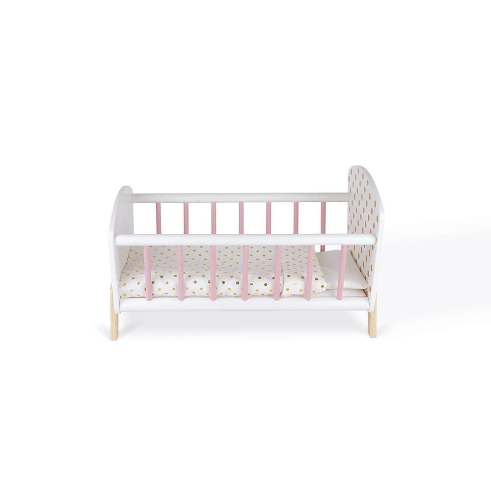Janod - Candy Chic Doll's Bed Wooden Baby Doll Cradle Ages 3+ - Engaging in Imaginative Play - Stylish Design - Durable Construction and Safe Materials - Includes Bedding