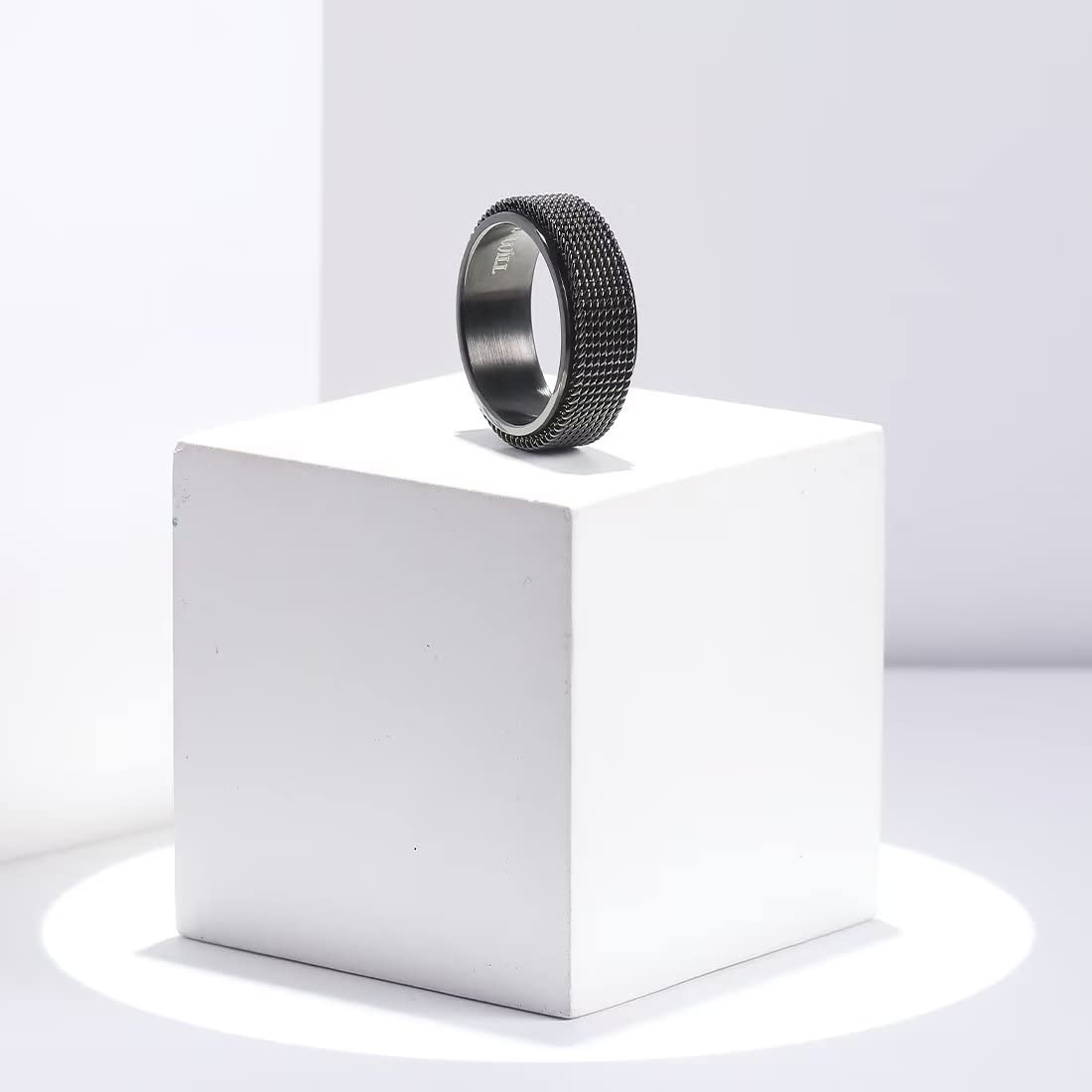 King Will Black 8mm Stainless Steel Chain Mesh Simple Plain Spinner Anxiety Ring for Women Men Wedding Band Ring Fidget Ring Mesh Chain Woven Mesh 13