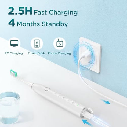 Electric Toothbrush for Adults with 8 Brush Heads, Sonic Toothbrush Rechargeable with a Holder & Travel Case, 2.5 Hours Charge for 120 Days Use - Light Blue