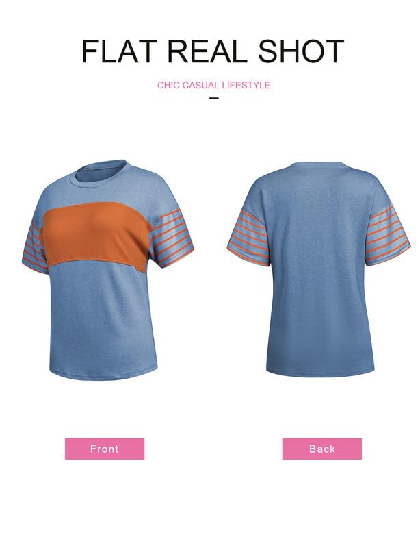 SHEWIN Womens Shirts Casual Short Sleeve Tshirt Loose Crewneck Color Block Tee Shirt Side Spilt Summer Tops for Women Trendy 2025 Blue Orange S
