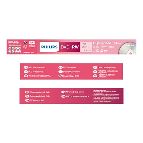 Philips DVD-RW 4.7GB Data/120 Min Video, 4x Speed Recording 10per Spindel - Packaging May Vary