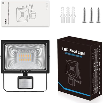 CLV 35W Plug in Security Lights with Motion Sensor, Upgrade 30W Led floodlight with UK Plug, 3000 Lumens IP66 Waterproof PIR Lights Outdoor for Garden, Forecourt, Garage,Pathway, 2700K Warm White