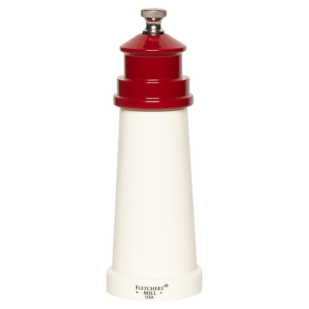 Fletchers' Mill Lighthouse Salt Mill, White/Red - 6 Inch, Adjustable Coarseness Fine to Coarse, MADE IN U.S.A.