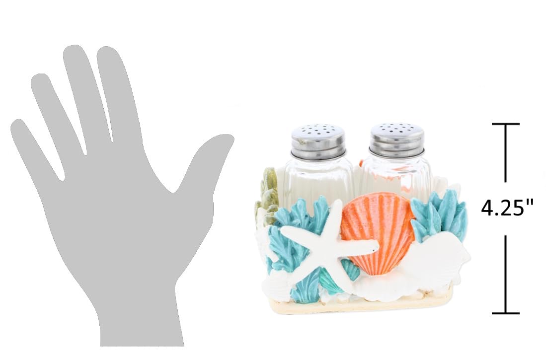 The Bridge Collection Decorative Coral Salt And Pepper Shaker Holder With Shakers Included - Coastal Kitchen Table Accent For Ocean Or Beach Theme - Seaside Kitchen Decor For Beach House