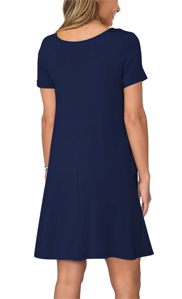 REGAI Women's Summer Casual Short Sleeve Crew Neck T Shirt Dresses Loose Swing with Pockets, NavyBlue, XL