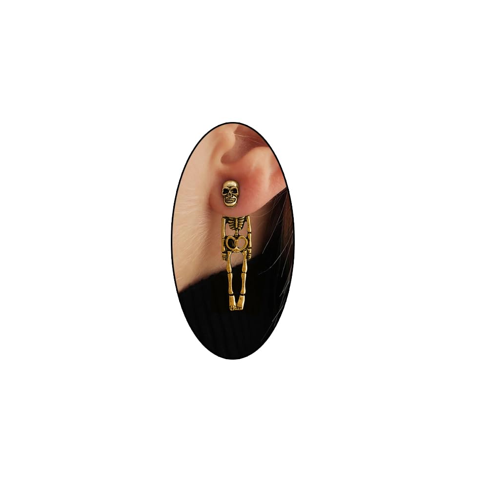 Gothic Skeleton Unique Earrings Punk Human Skull Funny Earrings Ghost Groom Bride Halloween Earrings Front Back Stud Earrings for Women (Gold)