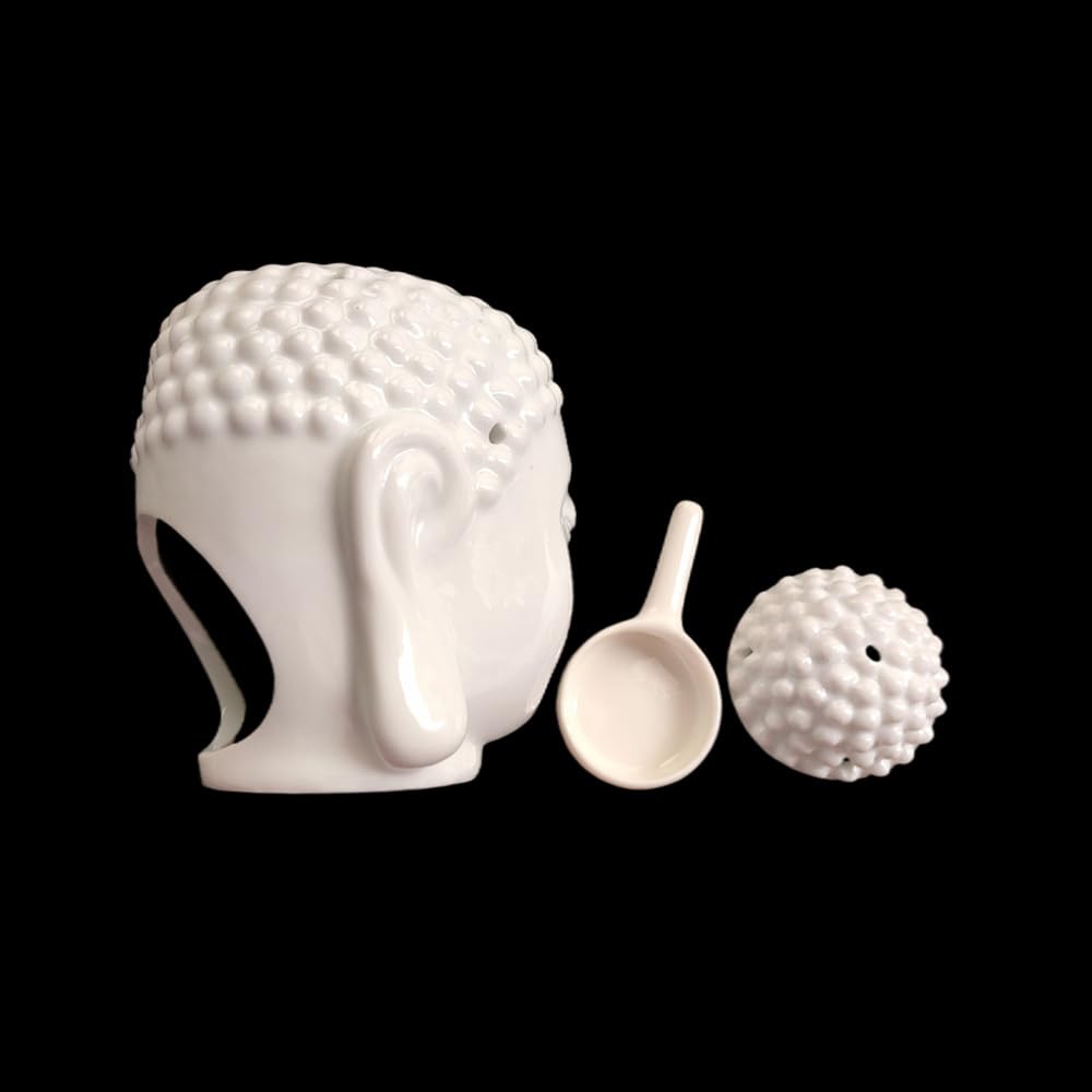 Ceramic Buddha Head Essential Oil Burner with Candle Spoon for Yoga Spa, Aromatherapy Wax Melt Burners Oil Diffuser Tealight Candle Holder for Bedroom Home Garden Decor (White)