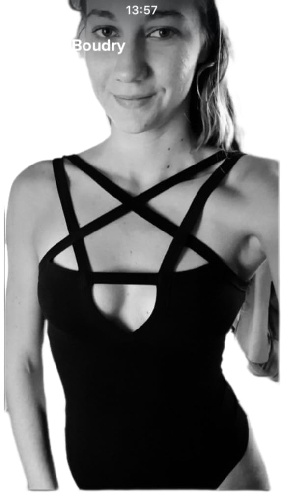LJJPMLLPZ Women Hollow Out Low Chest Pentagram Bodysuit Gothic Dark Street Jumpsuit (S)