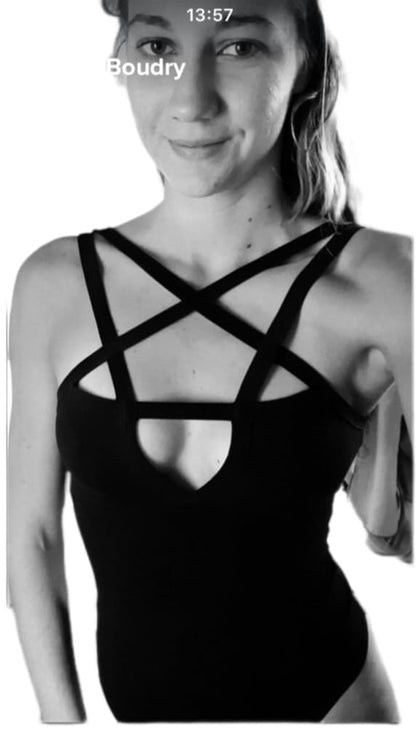 LJJPMLLPZ Women Hollow Out Low Chest Pentagram Bodysuit Gothic Dark Street Jumpsuit (S)