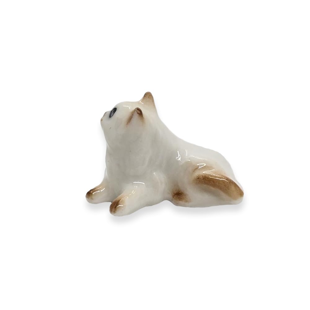 ChangThai Design Tiny ¾ Inch Lying Look Up Himalayan Persian Longhaired Cat - Miniature Hand Made Ceramic Cats Kittens Feline Animals Cute Porcelain Decorative Figure Collectible Figurines Décor Gifts