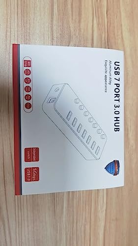 RSHTECH USB Hub Powered 7 Port USB 3.0 Data Hub Aluminum USB Extension Splitter with Individual On/Off Switch Universal AC to DC 5V Power Adapter (RSH-518)