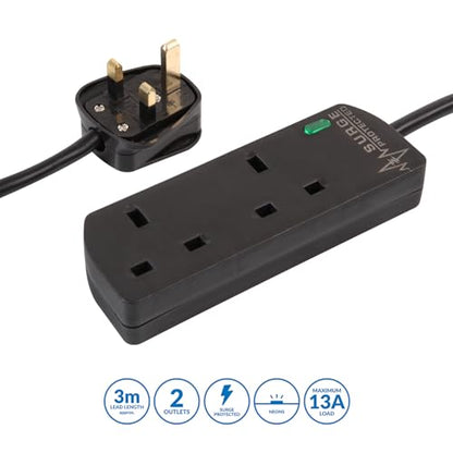 pro elec PELB1953 2 Gang Surge Protected Extension Lead, 3m, Black
