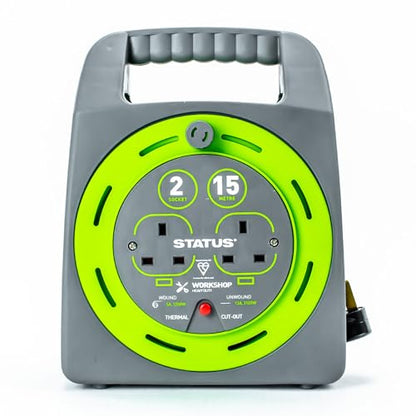STATUS 2 Socket Cable Reel | 15m Green Extension Lead | 13A with Thermal Cut Out | Heavy Duty Outdoor Extension Lead | S15M2SHBCR1PK2