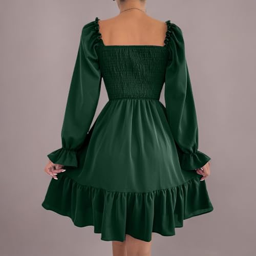 Ekaliy Women's Casual A line Dress Knee Length Puff Sleeves Smocked Elegant Homecoming Dress Green M