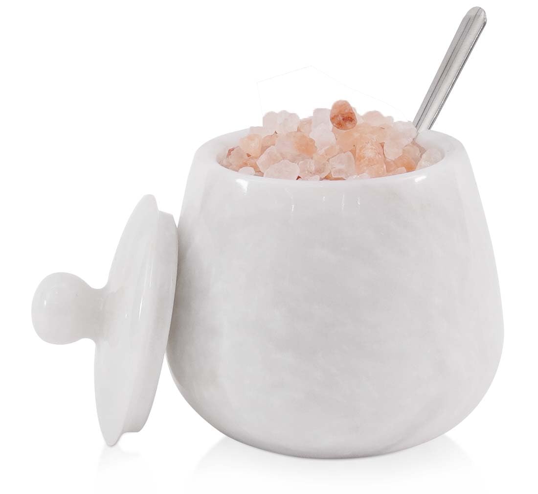 White Marble Salt Cellar – 3.5 Inch Salt Jar with Lid, Table Salt Container, Salt Dish, Salt Holder, Spice Jar, Sugar Bowl, Seasoning Container, Salt Dispenser for Kitchen Counter Decor