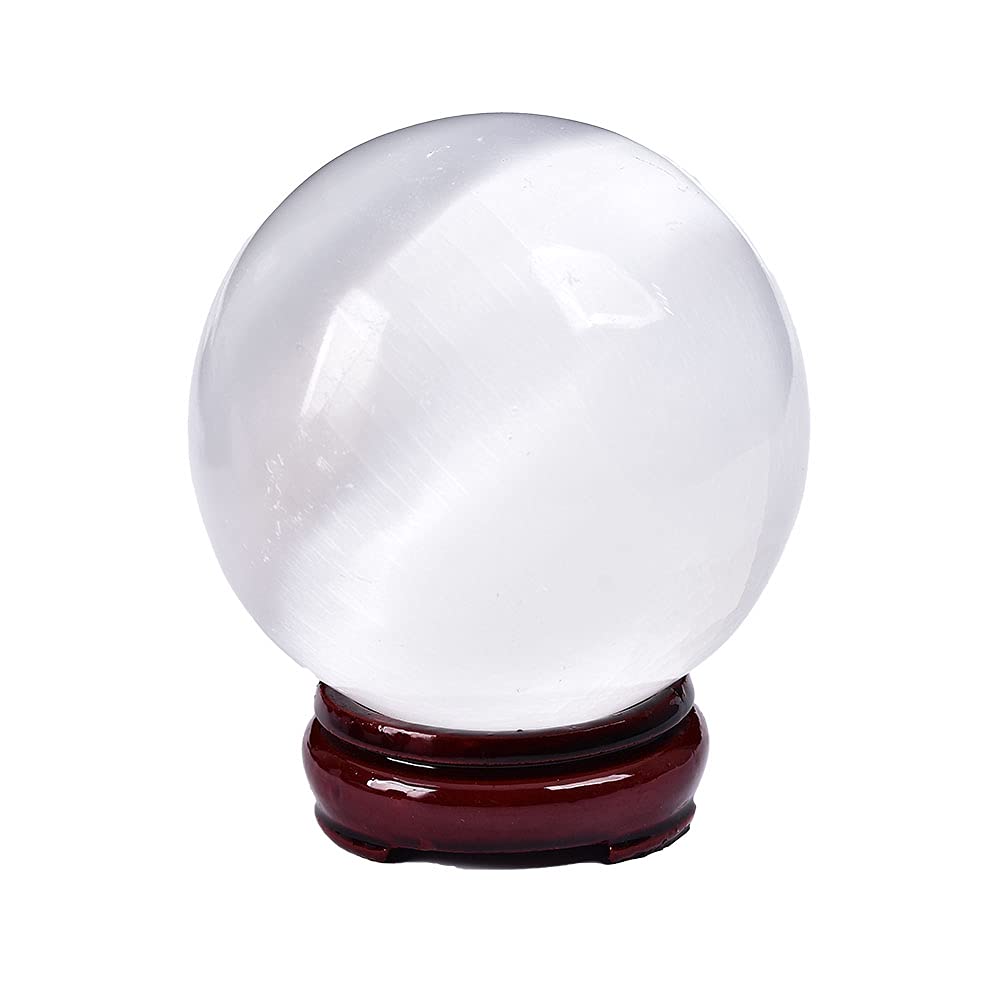 JIC Gem 3.5-4 Inch(90-100mm) Selenite Crystal Sphere with Wooden Stand Healing Crystal Ball for Meditation, Home Decoration