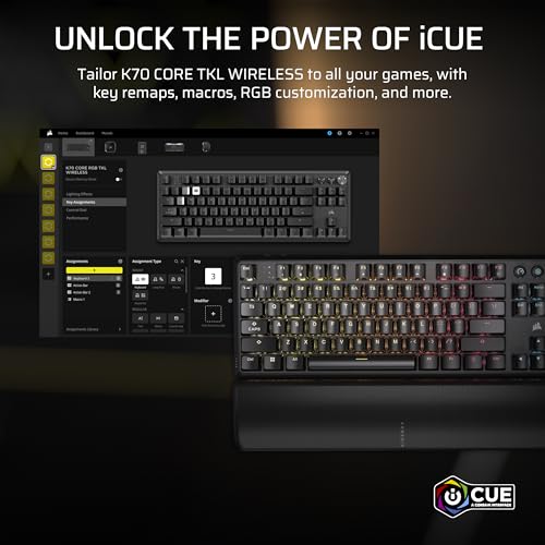 Corsair K70 CORE TKL Wireless RGB Tenkeyless Mechanical Gaming Keyboard – Pre-Lubed MLX Red v2 Linear Switches, SOCD, ABS Double-Shot Keycaps, Sound Dampening, 1000Hz Polling, QWERTY NA – Black