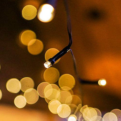 Festive Lights - 10m Solar Power Multi Function Fairy String Lights with 100 Warm White LEDs - IP44 Rated, Outdoor Decorative Lighting - External Panel, Black Cable, Garden Trees, Fences & Pergolas