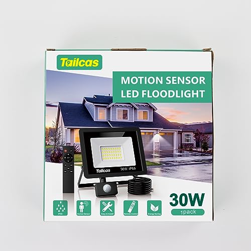Tailcas Security Lights Outdoor Motion Sensor, 30W PIR Light with Remote Control, IP66 Waterproof Sensor Outdoor, 2700LM LED Floodlights Mains Powered for Garden,Yard, Garage, Black