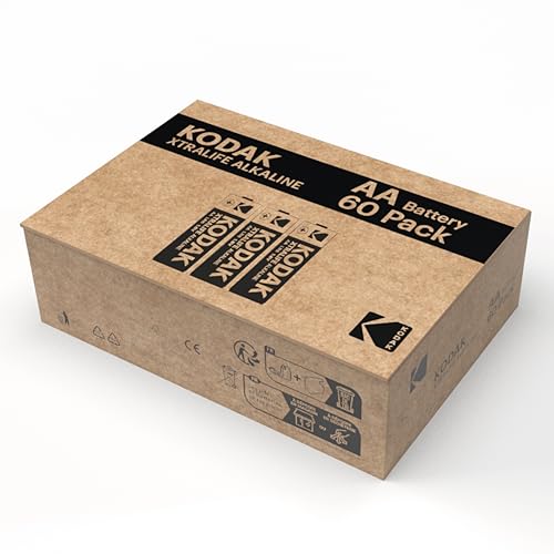 Kodak Xtralife 60-Pack AA Batteries, Double A Alkaline Battery Pack, 1.5V, 10-Year Shelf Life, LR6, Ideal for High-Drain Devices, 12x More Power, Plastic Free Cardboard Outer Carton