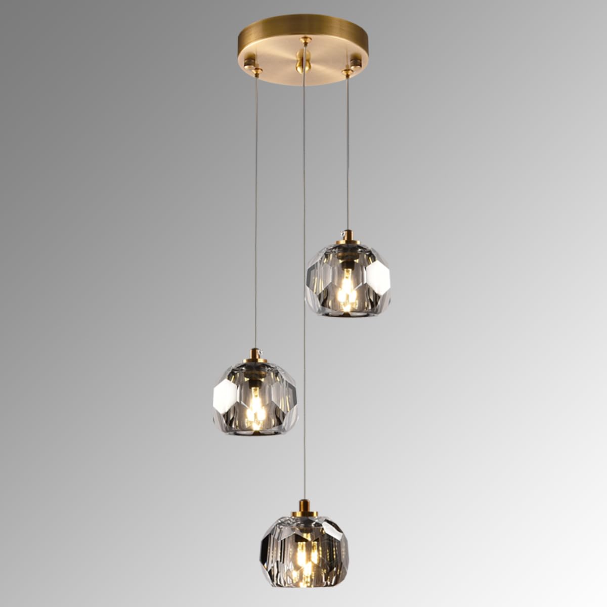 Yaskina 3-Light Prism Crystal Pendant Light, Modern Smoke Crystal Pendant Light Fixtures 9W, Triple Pendant Round Ceiling Pendant Lighting for Dining Room Kitchen Island