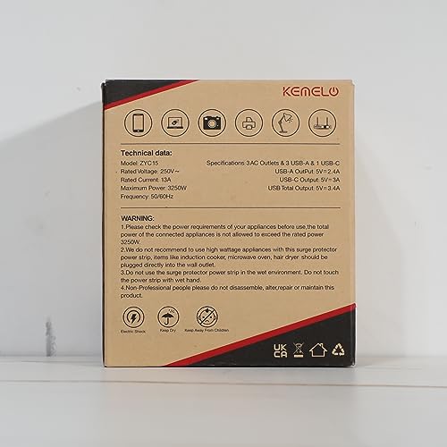 3M Extension Lead with USB, Kemelo 4 Way (13A/3250W) Plug Extension Socket with 3 USB A & 1 USB C, Child Safety Extension Cord,Black Power Strip for Home Desk Office