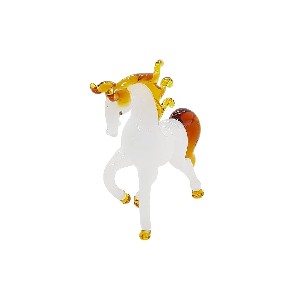 WitnyStore Tiny 1¾" High White Brown Walking Horse Figurine - Miniature Hand Blown Painted Glass Horses Stallion Mare Foal Pony Small Crystal Animals Decorative Collectible Figures Décor Gifts