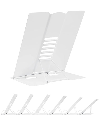 Large Book Stand Metal for Reading, Desktop Book Holder Adjustable Document Cookbook Holder Portable Bookstands for Textbooks Tablet Music Books Recipe (White)