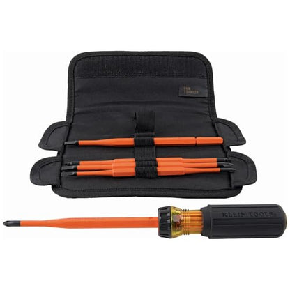 Klein Tools 32288 Insulated Screwdriver, 8-in-1 Screwdriver Set with Interchangeable Blades, 3 Phillips, 3 Slotted and 2 Square Tips, Black/Orange