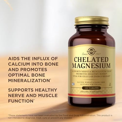 Solgar Chelated Magnesium - Supports Muscle and Nervous System - Mind Balance - Energy Release and Reduces Tiredness - Brown, 100 Tablets