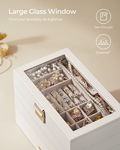 SONGMICS Stackable Jewellery Trays, 4-Tier Jewellery Box, Large Jewellery Case, Clear Glass Lid, 17 x 28 x 18.3 cm, for Dressing Table, Gift Idea, Cloud White JBC164W01