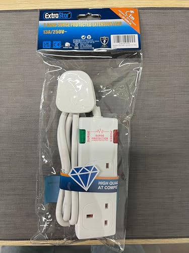 ExtraStar 2 Way Double Socket Power Mains Extension Lead 1M Metre Cable - Surge Protected British Approved 13A - White