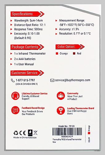 ThermoPro TP30 Infrared Thermometer Gun, Laser Thermometer for Cooking, Pizza Oven, Griddle, Engine, HVAC, Laser Temperature Gun with Adjustable Emissivity & Max Measure -50°C ~ 550°C (Not for Human)
