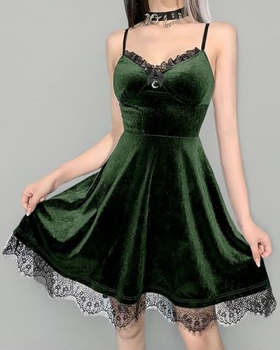 Summer Gothic Dress Women Sexy Lace Velvet Retro Harajuku High Waist Green Dresses