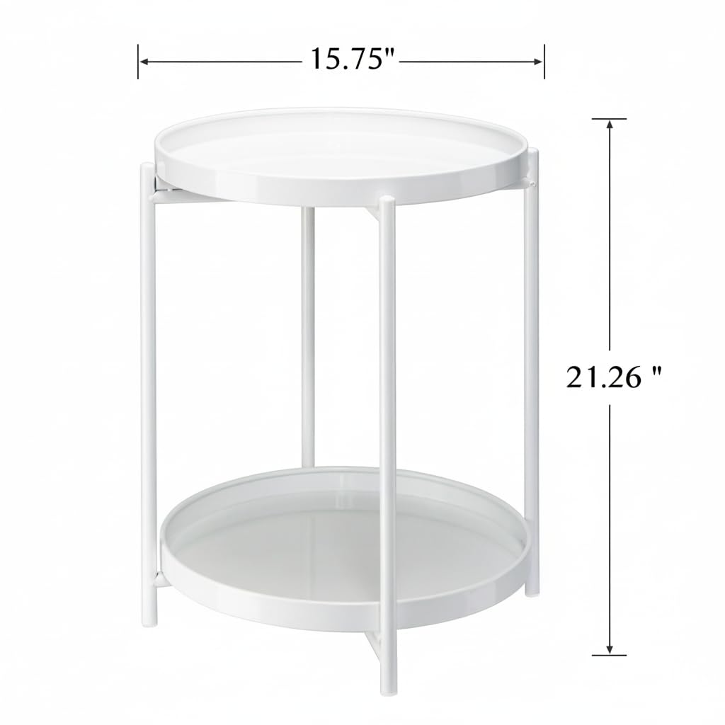 Danpinera 2 Tier Metal Side Table with Removable Tray - Round Accent Table, Anti-Rust White Nightstand for Bedroom, Balcony, Patio