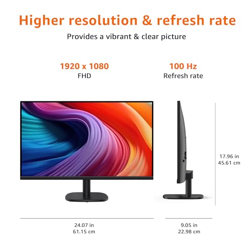 Amazon Basics 24 in Monitor, FHD 1080P, Max 100Hz, VESA Compatible, Built-in Speakers, Black