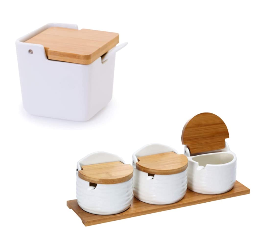 Lucky Goddness Ceramic Sugar Bowl Salt Box with Spoon and Bamboo Flip Top Lid, 9 fl oz Pepper Container Flour Box Holder Earthenware Bowl White for Housewarming Gift