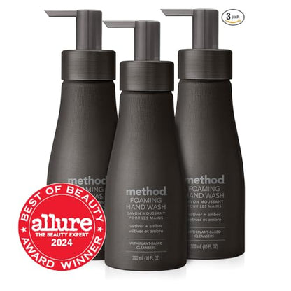 Method Premium Foaming Hand Wash, Vetiver + Amber, Reusable Black Aluminum Bottle, Biodegradable Formula, 10 fl oz (Pack of 3)