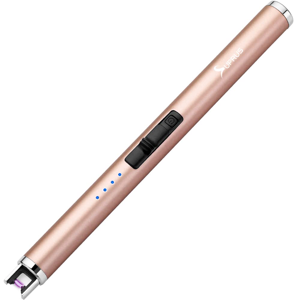 SUPRUS Electric Lighter Candle Type C Rechargeable Lighter with Upgraded LED Battery Display Safety Switch Flameless Plasma Windproof for Candle Cooking BBQs Fireworks (Champagne Gold)