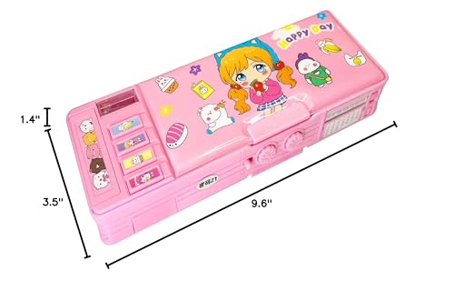 Pop Up Multifunction Pencil Case for Girls and Boys, Cute Cartoon Pen Box Organizer Stationery with Lock, Sharpener, Schedule, Whiteboard, School Supplies, Best Gifts for Kids Teens(Pink 2)