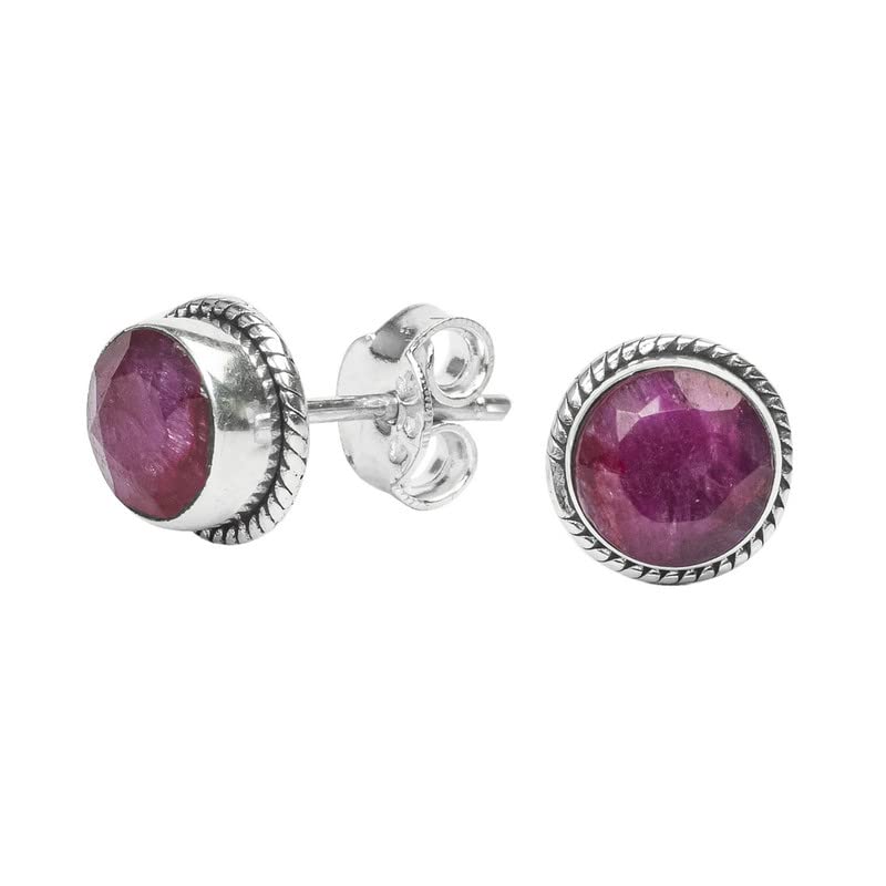 Ruby Stone Stud Post Earrings, 925 Sterling Silver Gemstone Earring 6 MM Round Girl Women Gift