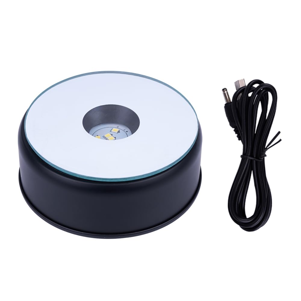 PHMOOJ Black 5 LED Display Base for Crystals Glass Art,White Light Rotating Crystal Display Base Stand,Cup Display Stand Turner for Tumbler Cups
