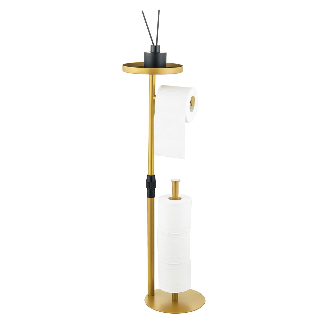 ZBMDDEY Toilet Paper Holder Stand, Bright Gold, for Bathroom Floor Standing, Adjustable Height and Heavy Paper Holder Stores 4 Reserve Rolls
