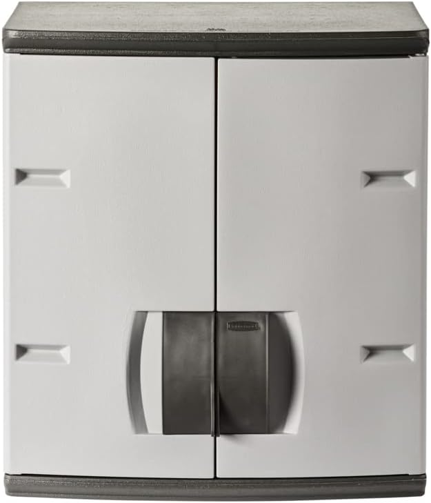 Rubbermaid Wall Mounted Storage Cabinet with Doors 150-Pound Capacity Gray Lockable Three-Shelf Cubbard for Tools/Car Accessories/Cleaning in Home/Garage/Outdoor Areas