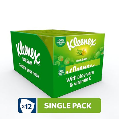 Kleenex® Balsam Facial Tissues - Pack of 12 Tissue Boxes - Balm Tissues Protect and Soothe Your Nose When You've Got a Cold - Balmcare® with Aloe Vera, Vitamin E and Calendula