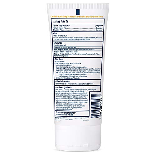CeraVe 100% Mineral Sunscreen SPF 50 with Zinc Oxide & Titanium Dioxide, Hyaluronic Acid & Ceramides, Oil Free & Non-Greasy, Hydrating Mineral Sunscreen For Body, 5 oz