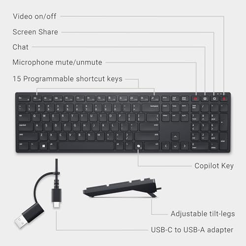 Dell Wireless Keyboard and Mouse - KM3322W, Wireless - 2.4GHz, Optical LED Sensor, Mechanical Scroll, Anti-Fade Plunger Keys, 6 Multimedia Keys, Tilt Leg - Black
