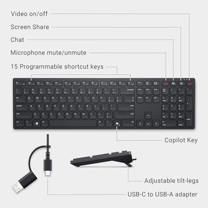 Dell Wireless Keyboard and Mouse - KM3322W, Wireless - 2.4GHz, Optical LED Sensor, Mechanical Scroll, Anti-Fade Plunger Keys, 6 Multimedia Keys, Tilt Leg - Black